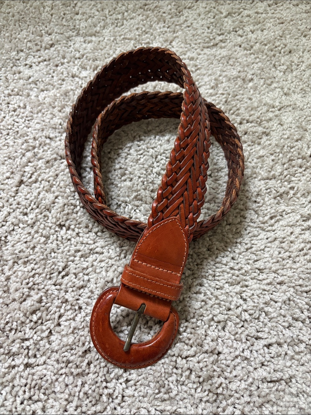 Nordstrom Vintage Woven Leather Round-Buckle Belt in Cognac Brown Sz S/M